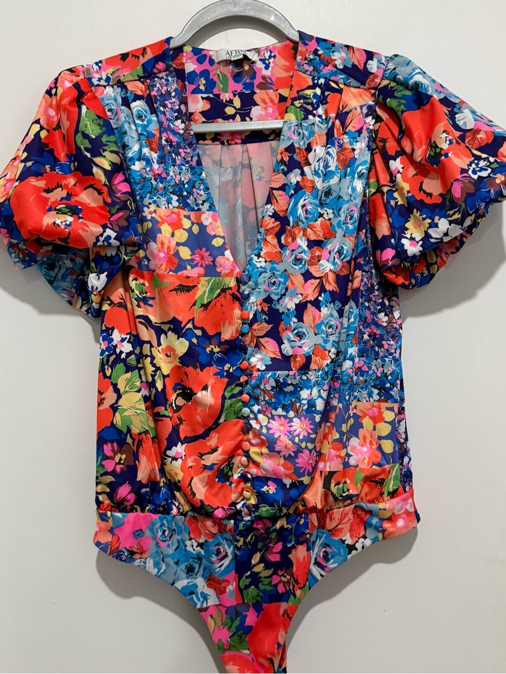 AFRM Los Angeles Floral Patchwork Bodysuit M Colorful Puff Sleeve